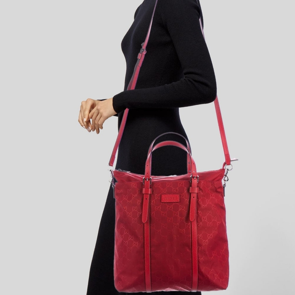 SOLD!!!  Gucci Nylon & Leather Red Tote Crossbody - Picture 2 of 8